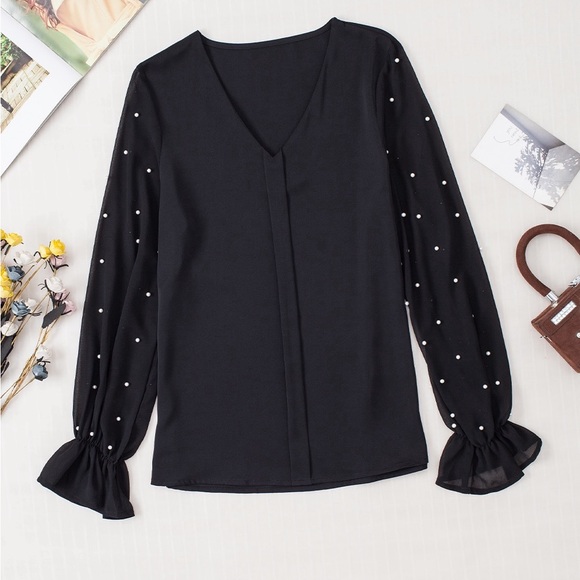 Black Pearl Mesh Flounce Sleeve V Neck Blouse - Picture 11 of 15